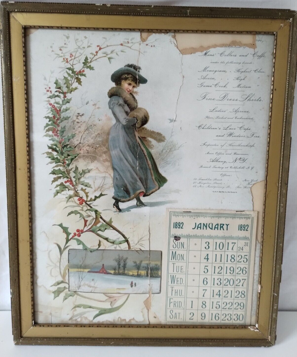 Antique Calendar with Days on the Side - 1892 - Clothing Advertisement - Damaged